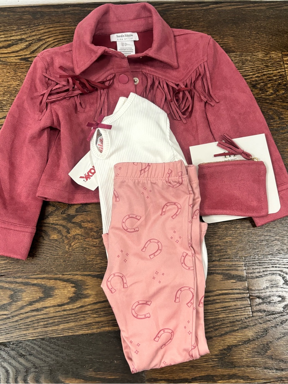 Tea Collection Pink Fringe Jacket with Horseshoe Print Leggings Set